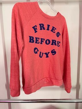 Mighty Fine Coral Crewneck Sweatshirt with Navy 'Fries Before Guys' Graphic